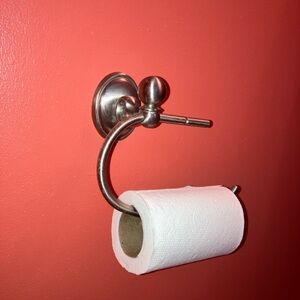 Brushed nickel toilet paper holder